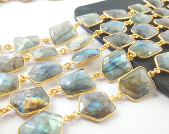 Chaîne de connecteur de lunette de taille fantaisie de pierre gemme de labradorite - Chaine de connecteur de pierre gemme à facettes de forme libre - cadeau pour elle - vente par pied