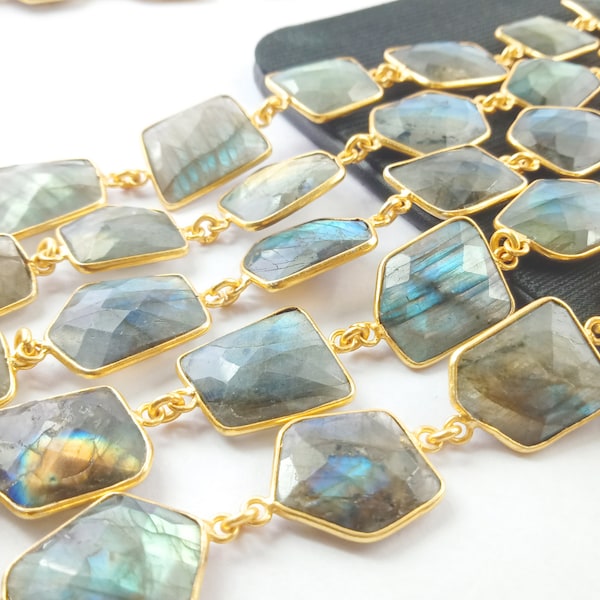 Chaîne de connecteur avec lunette plaquée or labradorite - fabrication de pierres précieuses à facettes labradorite bleue pour bijoux - vente au pied du pied fête des mères