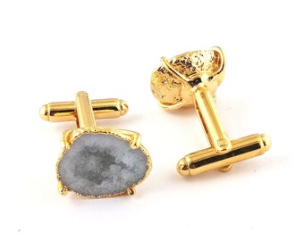 White Geode Druzy Cufflink - Mens Suit Cufflinks Set - Gold Electroplated Cuff link Jewelry - Selling By Pair Mother's Day