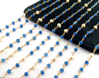 Gemstone Beaded Chain, Blue Sapphire and Pearl Stone Rosary Chain - 3-3.5mm Faceted Round Bead Chain, Necklace Chain, Selling Per Feet