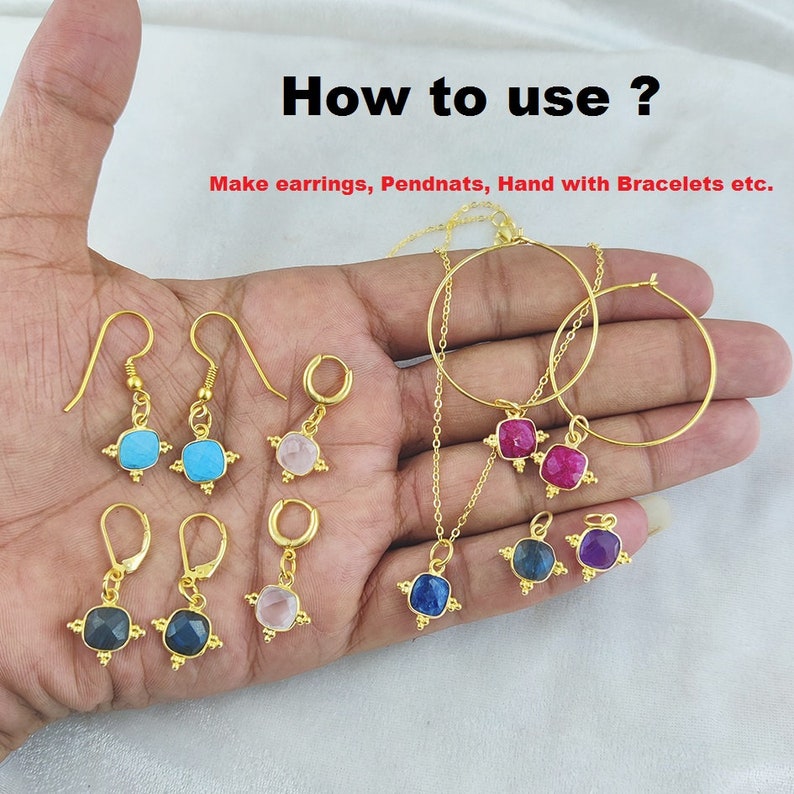 May include: A collection of gold-toned jewelry components featuring various colored gemstones. The components include earrings, pendants, and a hoop. The text "How to use? Make earrings, Pendants, Hand with Bracelets etc." is visible at the top of the image.