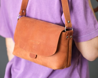 Leather flap bag, shoulder bag for women, Long strap leather purse, Small leather bag, Mother's Day gift, Free Initials