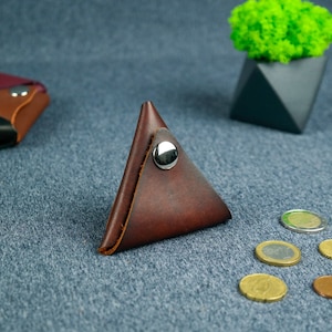 Leather coin holder, Small coin bag, Coin pouch with a snap button, Small leather coin pocket, Triangle coin case