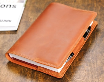 Crazy Horse Leather Notebook Cover, A5 Journal Case, Custom Size Planner with Pen Holder, 3 Card Slots
