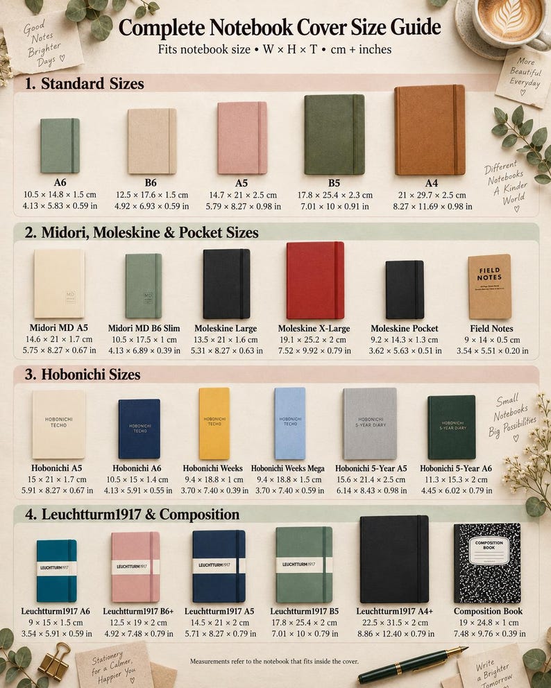 May include: A comprehensive notebook cover size guide featuring four categories: Standard, Midori/Moleskine/Pocket, Hobonichi, and Leuchtturm1917/Composition. Each section displays various colored notebooks with specific dimensions in inches and centimeters.