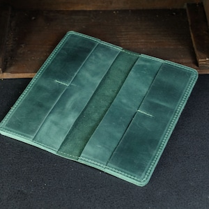 Cartera de cuero vintage sencilla, 4 ranuras para tarjetas, cartera fina de cuero, cartera larga para hombre y mujer, sello de nombre personalizado