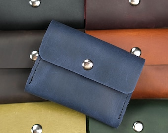 Leather Business Card Case, Magnetic Snap Card Holder, Personalized Pocket Card Wallet, Crazy Horse Leather