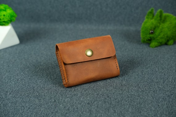 Compact Leather Card Holder Snap Button Closure Leather 