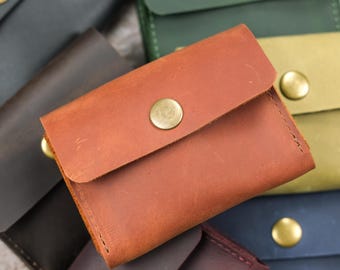 Leather Card Holder, Brass Snap Business Card Case, Personalized Compact Card Wallet, Crazy Horse Leather