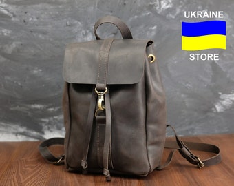 Brown Leather Backpack Purse: Small Drawstring Backpack