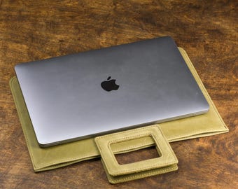 Personalized Leather MacBook Sleeve with Handle, Wide Opening Laptop Case, Folded Edge MacBook Air Pro Neo Cover