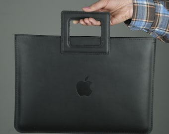 MacBook Tasche aus Leder mit Griff, schmale Laptop-Aktentasche, MacBook Air Pro Tragetasche mit gefalteten Kanten, individuelles Apple Logo Tasche, MacBook Neo 13