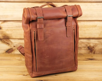 Large Leather Rolltop Backpack, Travel Rucksack with Side Access, Personalized Crazy Horse Bag
