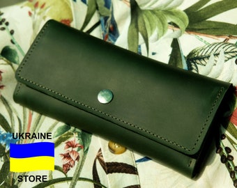 Cartera de cuero, Cartera hecha a mano con 12 ranuras para tarjetas, Cartera larga con bolsillo para monedas, Regalo para ella, Cartera grande