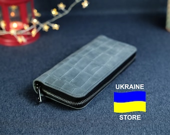Cartera de piel con cremallera, Cartera larga, Cartera de piel con estampado de cocodrilo, Cartera de viaje, Cartera marrón, Cartera de piel gris