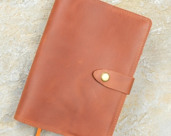 Leather Bible Cover with Snap Strap, Custom Fit Book Cover