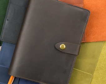 Leather Notebook Cover A5 with Snap Closure, Card Slots & Pen Holder