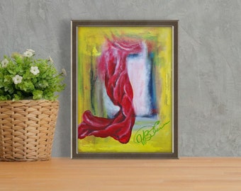 Puede incluir: Una pintura abstracta enmarcada con una forma roja, similar a una tela fluida, sobre un fondo amarillo. La pintura está firmada en verde en la esquina inferior derecha.