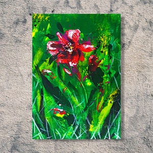 Rode bloemen schilderij Impasto Acryl Original Art Aquarel Paper Artwork Wall Decor 9 door 6.5 door Kunstquelle
