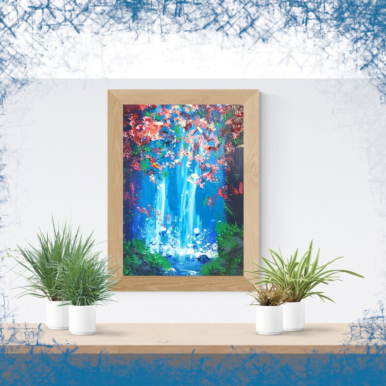 May include: A framed painting of a waterfall in a forest. The waterfall is blue and white, and the forest is green and red. The painting is in a wooden frame.