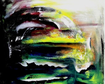 May include: Abstract artwork with a dynamic colour scheme. The painting uses broad brushstrokes of green, yellow, black, white, and red, forming an energetic composition. The piece conveys a sense of motion and vitality.