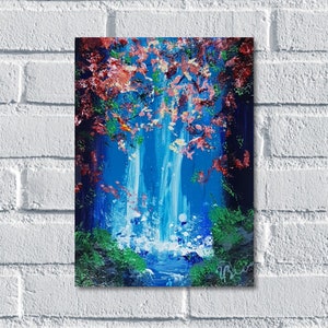 May include: A painting of a waterfall in a forest. The waterfall is blue and white, and the forest is green and blue. The painting is abstract and has a lot of texture.