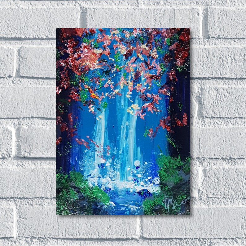 May include: A painting of a waterfall in a forest. The waterfall is blue and white, and the forest is green and blue. The painting is abstract and has a lot of texture.
