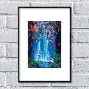 May include: A framed painting of a waterfall in a forest. The waterfall is blue and white, and the forest is green and red. The painting is framed in black.