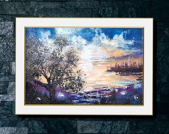 Sunset lake painting Frefly painting Cloud painting Great lakes art Seascape painting Forest painting Acrylic painting Original painting