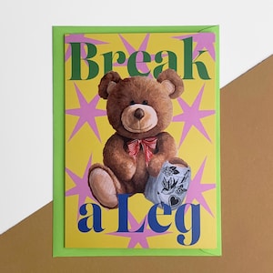 Cartão de felicitações de luxo ilustrado 'Break a Leg', em branco por dentro, boa sorte, cartão de ocasião, cartões coloridos, materiais reciclados,