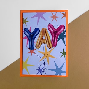 Illustrated Yay Balloon Luxury Greeting Card, Blank Inside, Balloon, Celebration Card, Colourful Cards, Recycled Materials, Birthday,