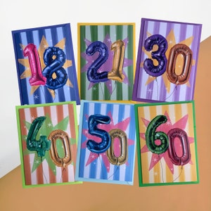 Tarjetas de cumpleaños de lujo ilustradas, interior en blanco, tarjetas de felicitación, tarjetas coloridas, tarjetas con globos numéricos, materiales reciclados