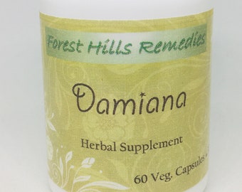 May include: A white bottle with a green and yellow label that says "Forest Hills Remedies Damiana Herbal Supplement 60 Veg. Capsules".