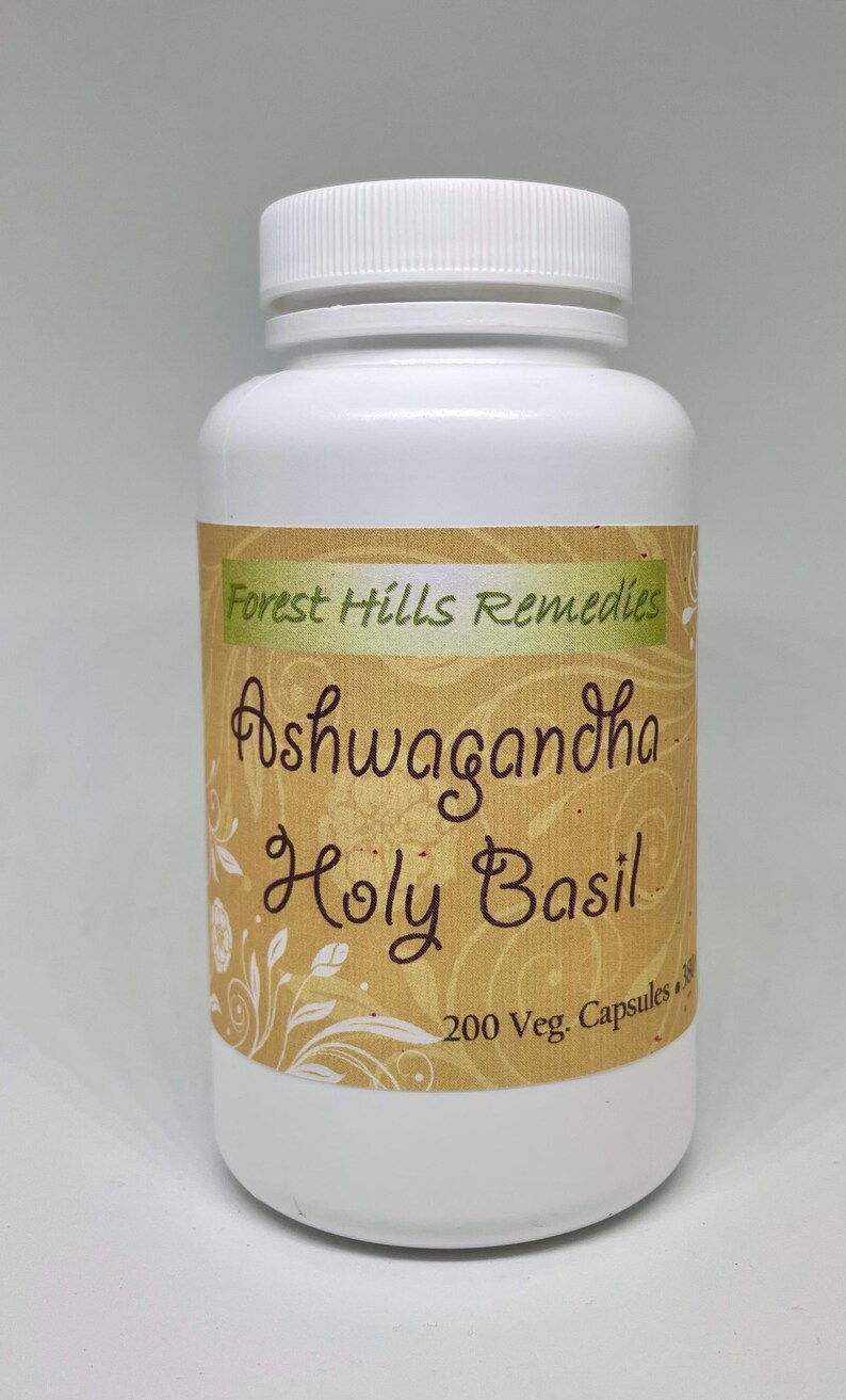 May include: White plastic bottle with a brown label that says "Forest Hills Remedies Ashwagandha Holy Basil 200 Veg. Capsules"