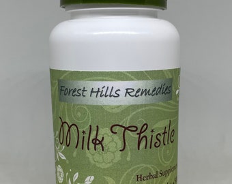 Puede incluir: Botella blanca con tapa verde etiquetada "Forest Hills Remedies Milk Thistle Herbal Supplement 200 Veg. Capsules"