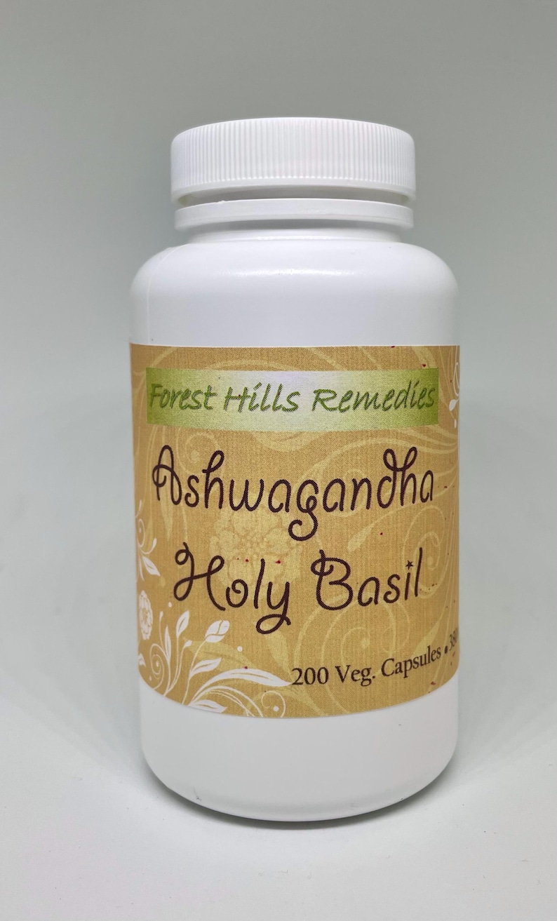 May include: White plastic bottle with a brown label that says "Forest Hills Remedies Ashwagandha Holy Basil 200 Veg. Capsules"