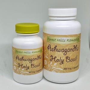 May include: Two white plastic bottles with yellow lids containing dietary supplements. The larger bottle contains 200 vegetarian capsules of Ashwagandha Holy Basil. The smaller bottle contains 90 vegetarian capsules of Ashwagandha Holy Basil.