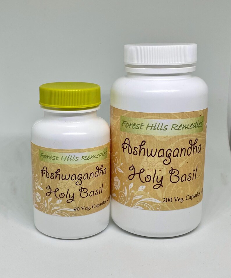 May include: Two white plastic bottles with yellow lids containing dietary supplements. The larger bottle contains 200 vegetarian capsules of Ashwagandha Holy Basil. The smaller bottle contains 90 vegetarian capsules of Ashwagandha Holy Basil.