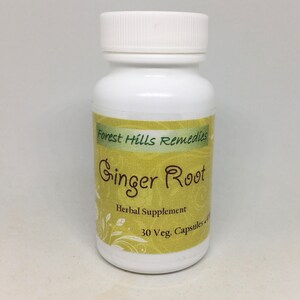 May include: White plastic bottle with a green and yellow label that reads "Forest Hills Remedies Ginger Root Herbal Supplement 30 Veg. Capsules"