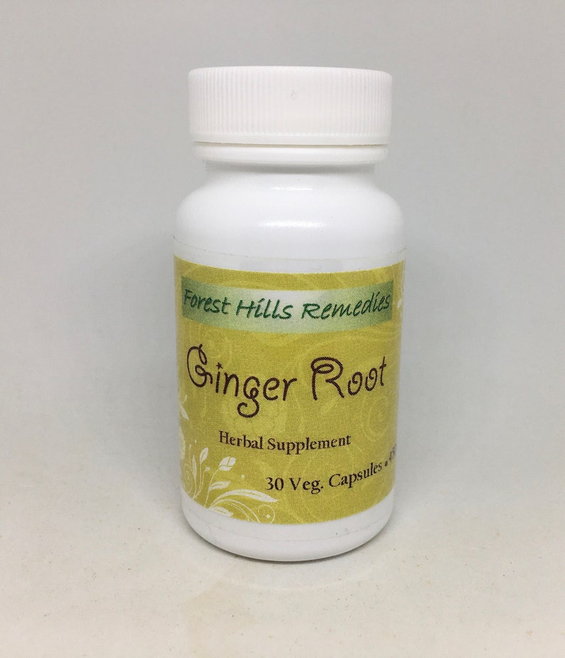 May include: White plastic bottle with a green and yellow label that reads "Forest Hills Remedies Ginger Root Herbal Supplement 30 Veg. Capsules"