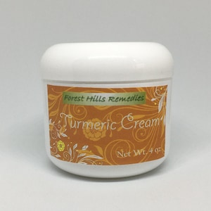 May include: White jar with a yellow and orange label that says "Forest Hills Remedies Turmeric Cream" and "Net Wt. 4 oz".