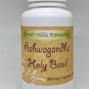 May include: White plastic bottle with a brown label that says "Forest Hills Remedies Ashwagandha Holy Basil 200 Veg. Capsules"
