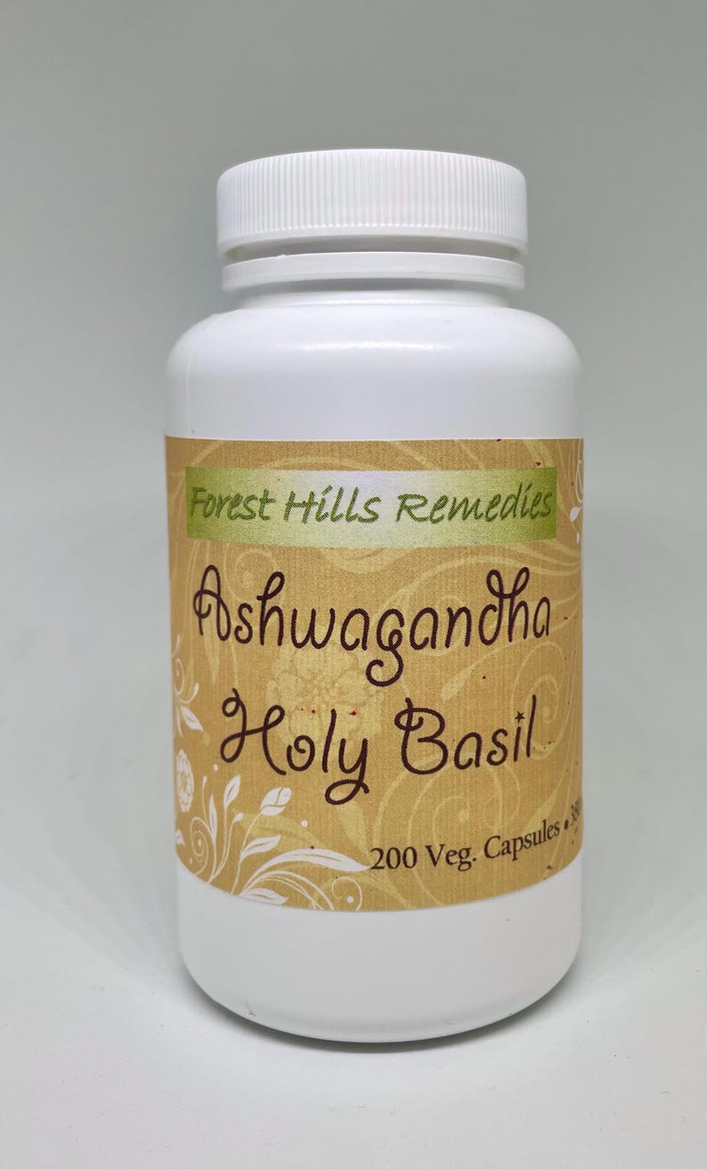 May include: White plastic bottle with a brown label that says "Forest Hills Remedies Ashwagandha Holy Basil 200 Veg. Capsules"