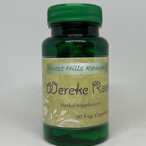 May include: A green bottle with a white label that says "Forest Hills Remedies Wereke Root Herbal Supplement 90 Veg. Capsules".