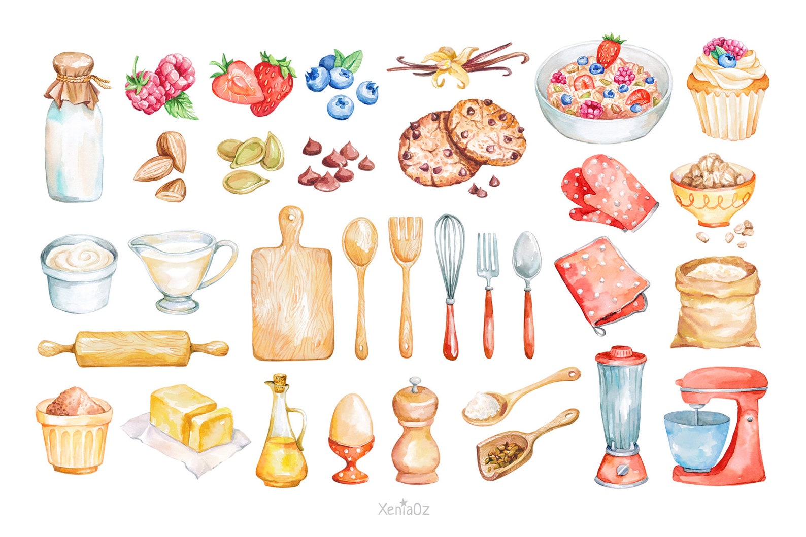 Baking Watercolor Clipart. Kitchen clipart. Baked with Love. Etsy
