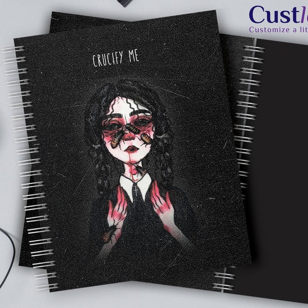 Creepy girl Spiral Dark artbook, Hardcover Personalized Notebook, Black sheets, Custle Creative Scetchbook, Custom Design. CRUCIFY ME