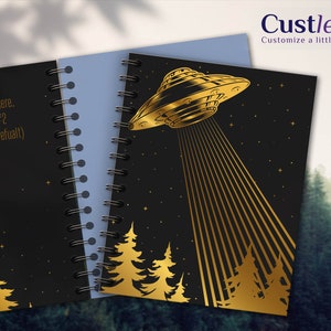 UFO Hardcover cute notebook, Sketchbook with gold design. Planner for him/her. Custle black agenda with gold foil. Space design style