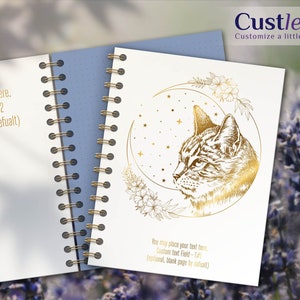 Personalized notebook. Lunar moon beautiful design, White/Gold planner book, Animal undated planner, Custle flower kitten agenda MOON CAT