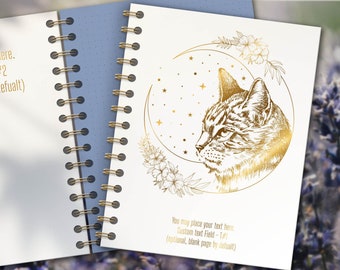Personalized notebook. Lunar moon beautiful design, White/Gold planner book, Animal undated planner, Custle flower kitten agenda MOON CAT