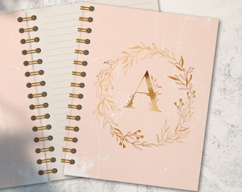 Personalized Spiral Notebook, Monogram Real Gold Book. Custom Initial, Letter Peach Diary, Soft Touch Hardback Cover, 2024 Custle agenda